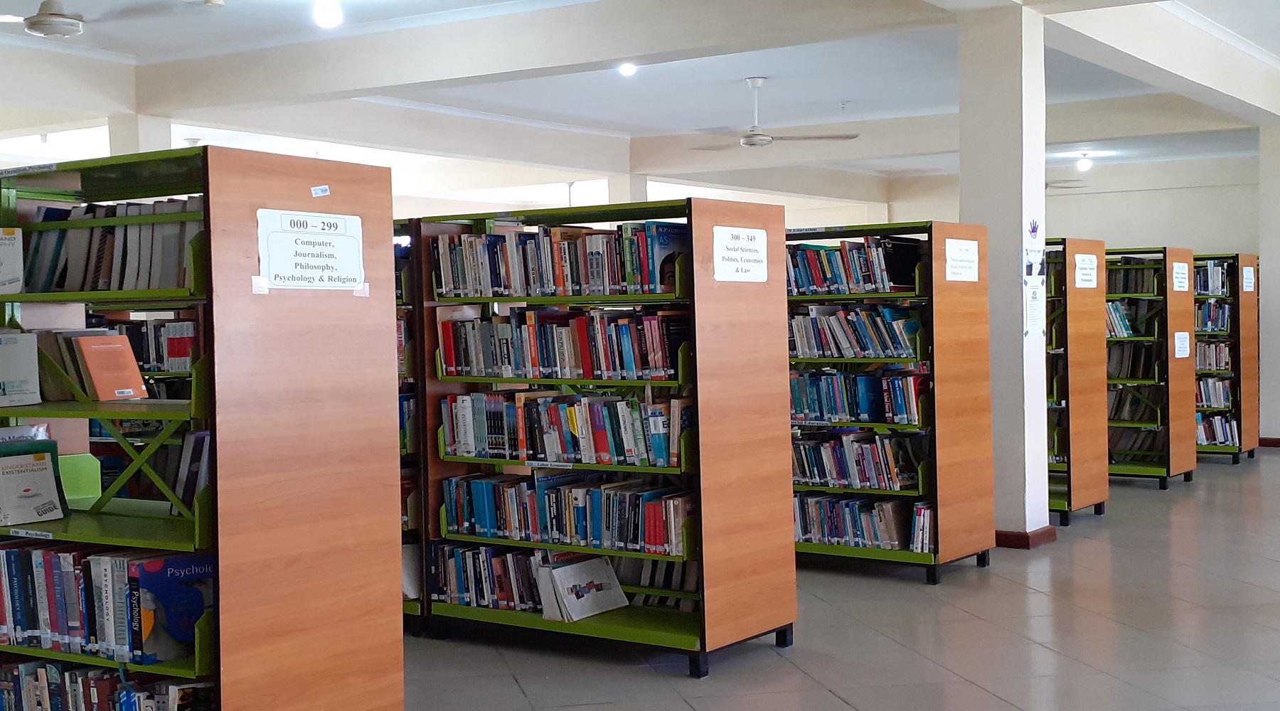 Books organized by Dewey Decimal numbers on library shelves